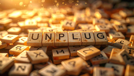 In a world saturated with digital noise, the word 'unplug' emerges from a jumble of letters, illuminated by a warm, hopeful light.の素材