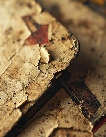A macro view reveals the fragile, decaying corner of a historic tome. Time has weathered its cover, cracking the surface and hinting at the ancient secrets and forgotten stories held within its pages.の素材