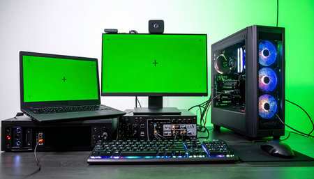 The command center for a modern digital creator, featuring a powerful custom-built PC and dual green screen monitors.の素材