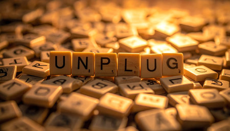 In a sea of jumbled letters representing the noise and chaos of the digital world, the word 'unplug' emerges in a warm, golden light.の素材