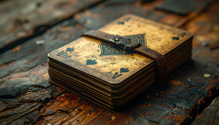 A well-worn deck of playing cards, bound by a leather strap, rests on a rustic wooden surface, hinting at countless games played and fortunes told.の素材