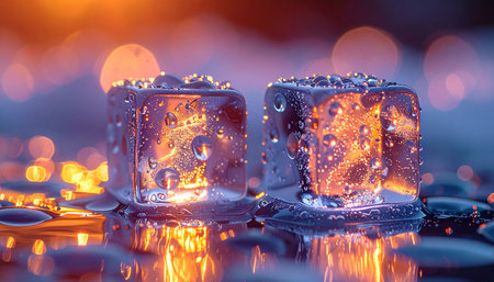 Two crystal-clear ice cubes sit on a reflective surface, catching warm, glowing lights in the background.の素材