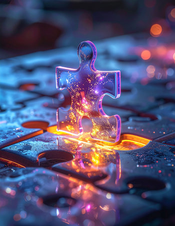 A single, glowing jigsaw puzzle piece stands out against a dark, reflective surface, illuminated by a warm inner light.の素材