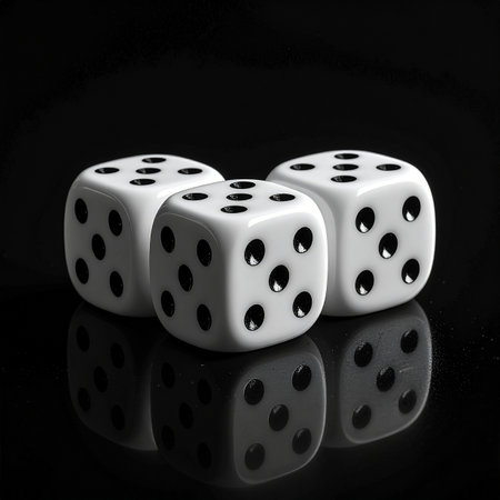 Three stark white dice sit poised on a glossy black surface, their reflections hinting at the dual nature of fate.の素材