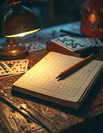 Under the warm glow of a vintage lamp, a high-stakes card game unfolds. A pencil rests on a notebook, ready to tally the score or perhaps note a crucial strategy.の素材