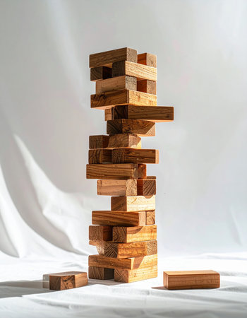 In a quiet room filled with soft sunlight, a wooden block tower stands as a testament to patience and precision.の素材