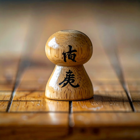 A single Shogi pawn stands ready on a traditional wooden game board, bathed in warm, focused light.の素材