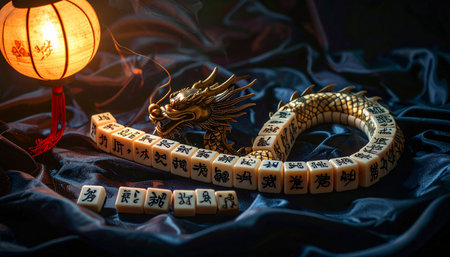 In the soft glow of a paper lantern, a legendary golden dragon guards a game of mahjong, its serpentine body mimicking the line of tiles.の素材