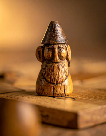 A small, hand-carved wooden wizard stands watch on a rustic wooden table.の素材