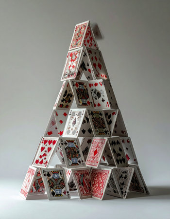 A carefully constructed tower of playing cards stands tall, a testament to patience and precision.の素材