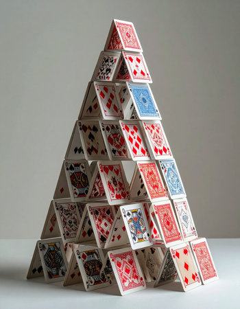 A tall, multi-tiered house of cards stands in a delicate balance, a testament to patience and precision.の素材