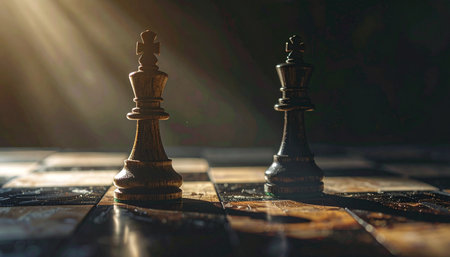 In a dramatic beam of light, two opposing kings face each other in a tense standoff.の素材