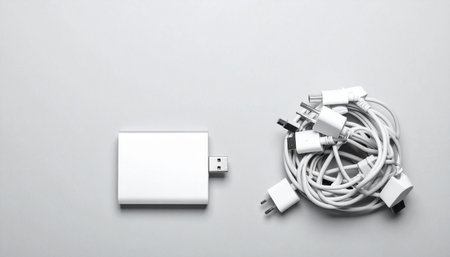 A stark, top-down view contrasting a single, modern adapter with a chaotic tangle of outdated cables.の素材