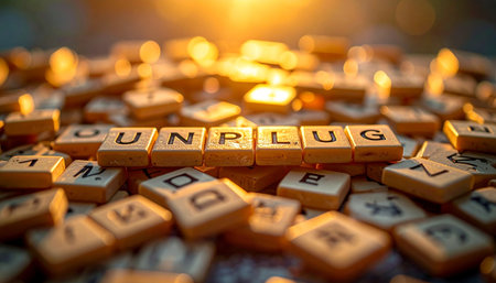 In the warm, golden glow of a setting sun, letter tiles spell out a crucial modern-day reminder: Unplug.の素材