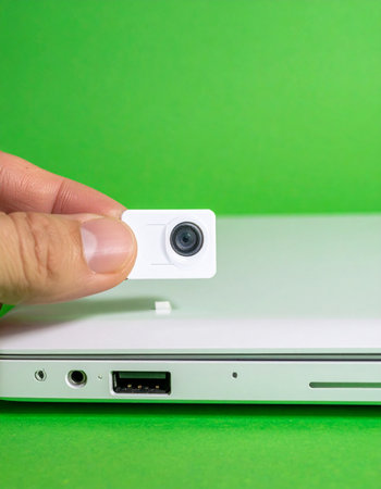 A person takes a proactive step to ensure their digital privacy by placing a simple yet effective cover over their laptop's webcam.の素材