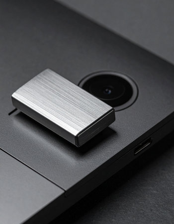 A macro view captures the intricate brushed metal texture of a biometric fingerprint reader.の素材