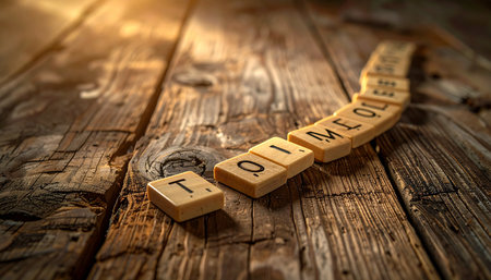 Wooden letter tiles spell out 'To Do List' on a rustic, weathered wood surface. Bathed in warm, golden sunlight, the image evokes a sense of motivation and focused planning.の素材