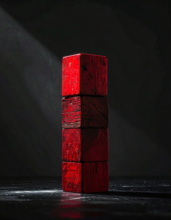 In a dark, atmospheric setting, a single beam of light illuminates a stark tower of red blocks.の素材