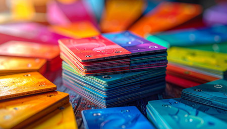 A central stack of vibrantly colored, textured cards stands as the focal point in a sea of rainbow hues.の素材