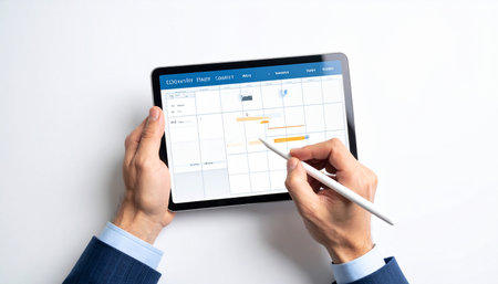 A professional manager in a suit reviews and approves a digital invoice on a tablet using a stylus.の素材