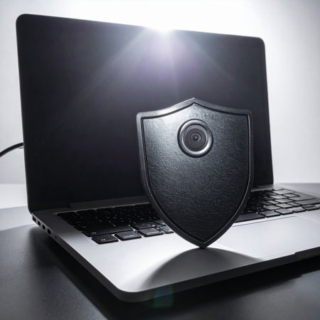 A physical security shield stands guard in front of a modern laptop, symbolizing robust cybersecurity measures.の素材
