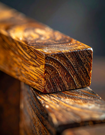 A close-up view reveals the intricate and beautiful grain of a polished block of exotic wood.の素材