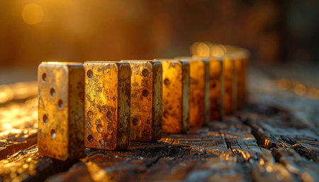 In the warm glow of a setting sun, a line of rustic, amber-colored dominoes stands ready on a weathered wooden plank.の素材