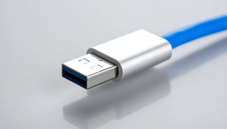 A macro shot captures the sleek design of a modern blue USB 3.0 cable, poised to establish a high-speed connection.の素材