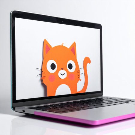 A cheerful orange cat illustration smiles from the screen of a sleek, modern laptop, bringing a touch of playful creativity to a digital workspace.の素材