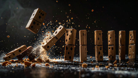 A dramatic close-up captures the precise moment a line of dominoes begins to collapse, kicking up dust and debris.の素材