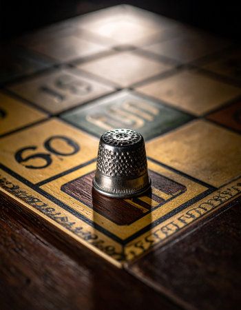 A lone thimble game piece rests on the iconic 'GO' square of a well-loved, vintage Monopoly board.の素材