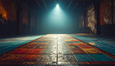 In the quiet darkness of an empty theater, a single spotlight cuts through the haze, illuminating a colorful, worn stage floor.の素材