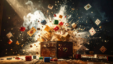 The ultimate game of chance erupts in a dramatic explosion of cards and dice.の素材