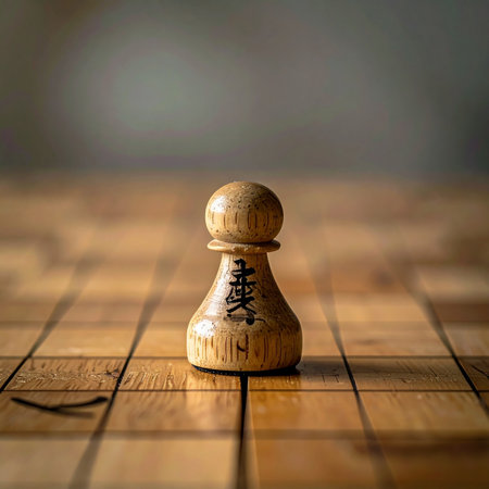 A single wooden pawn, marked with a traditional Chinese character, stands alone on a weathered chessboard.の素材