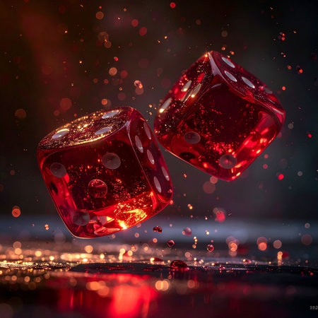 A dramatic, high-speed capture of two vibrant red dice tumbling through the air, creating a dynamic splash on a reflective surface.の素材