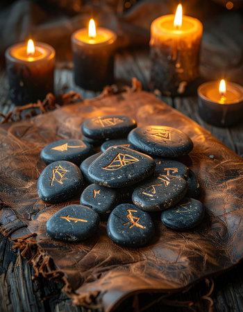 In the warm, flickering glow of candlelight, ancient Viking runes lie scattered on a rustic wooden surface, ready to reveal the secrets of the past and the path of the future.の素材