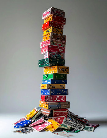 A tall, teetering tower constructed from numerous colorful decks of playing cards stands precariously.の素材