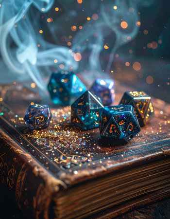 A set of mystical polyhedral dice rests upon a glitter-strewn, ancient grimoire.の素材