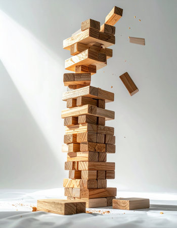 A tall tower of wooden blocks is captured in the dramatic moment of collapse.の素材