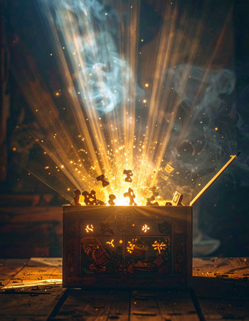 From a mysterious box carved with puzzle-piece patterns, a brilliant explosion of golden light, smoke, and sparks erupts into the darkness.の素材