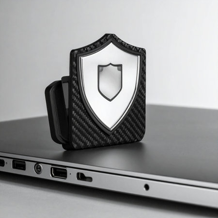 A sleek, carbon fiber shield stands guard over a laptop's webcam, symbolizing a commitment to digital privacy, data protection, and secure online activity in the modern age of information.の素材