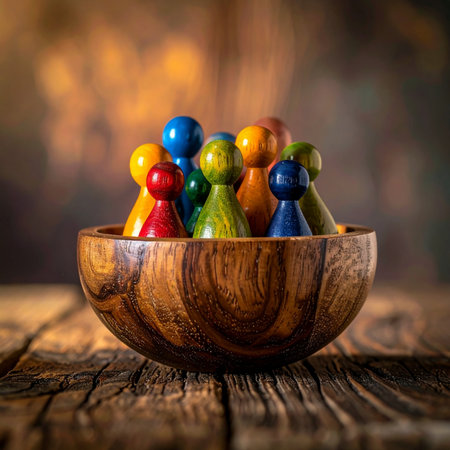 A diverse collection of colorful game pawns gathers closely in a rustic wooden bowl, symbolizing unity, community, and teamwork.の素材