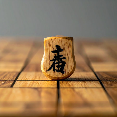 A single wooden soldier piece from the traditional game of Xiangqi stands alone on the board.の素材