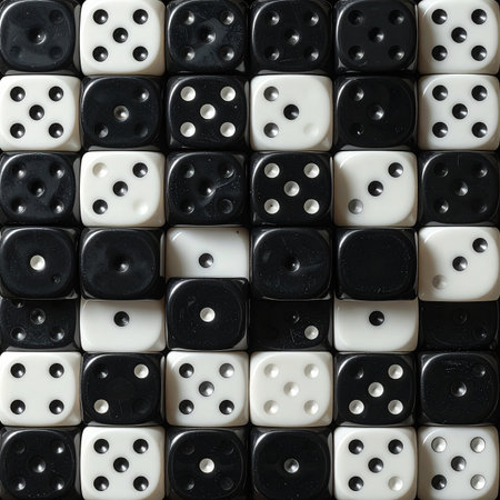 A striking top-down view of black and white dice arranged in a perfect grid.の素材