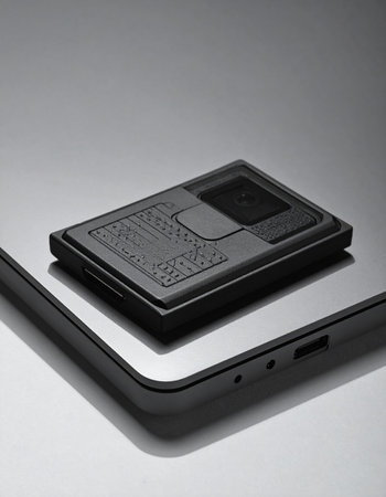 A sleek, minimalist wallet rests on a modern laptop, symbolizing the intersection of finance, security, and technology.の素材