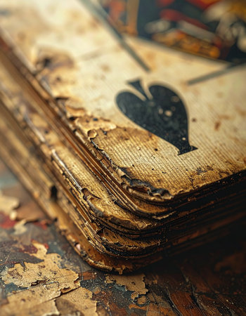 A close-up view of a forgotten deck of cards, their edges tattered and worn by countless games and the passage of time.の素材