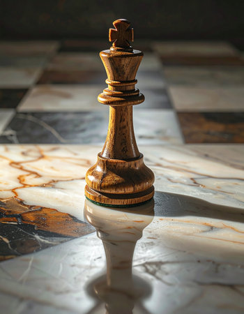 In the quiet intensity of the final moments, a lone wooden king stands resolute on a polished marble chessboard.の素材