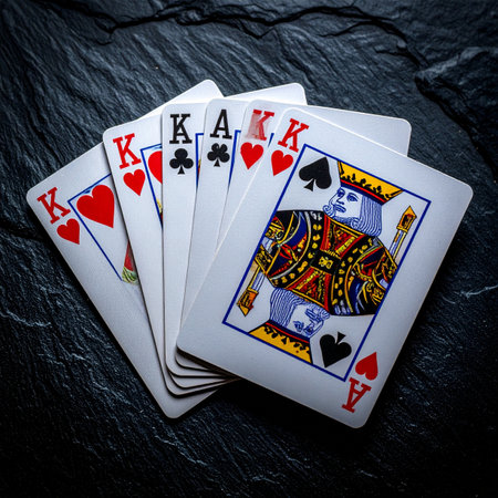 The ultimate winning hand is revealed under dramatic lighting.の素材