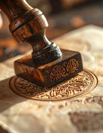 With a steady hand, a master artisan presses a hand-carved wooden seal onto parchment, leaving a mark of authenticity and tradition.の素材