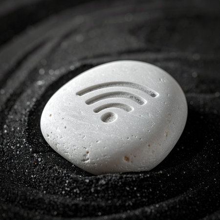 In a tranquil Zen garden, a smooth white stone rests on raked black sand.の素材